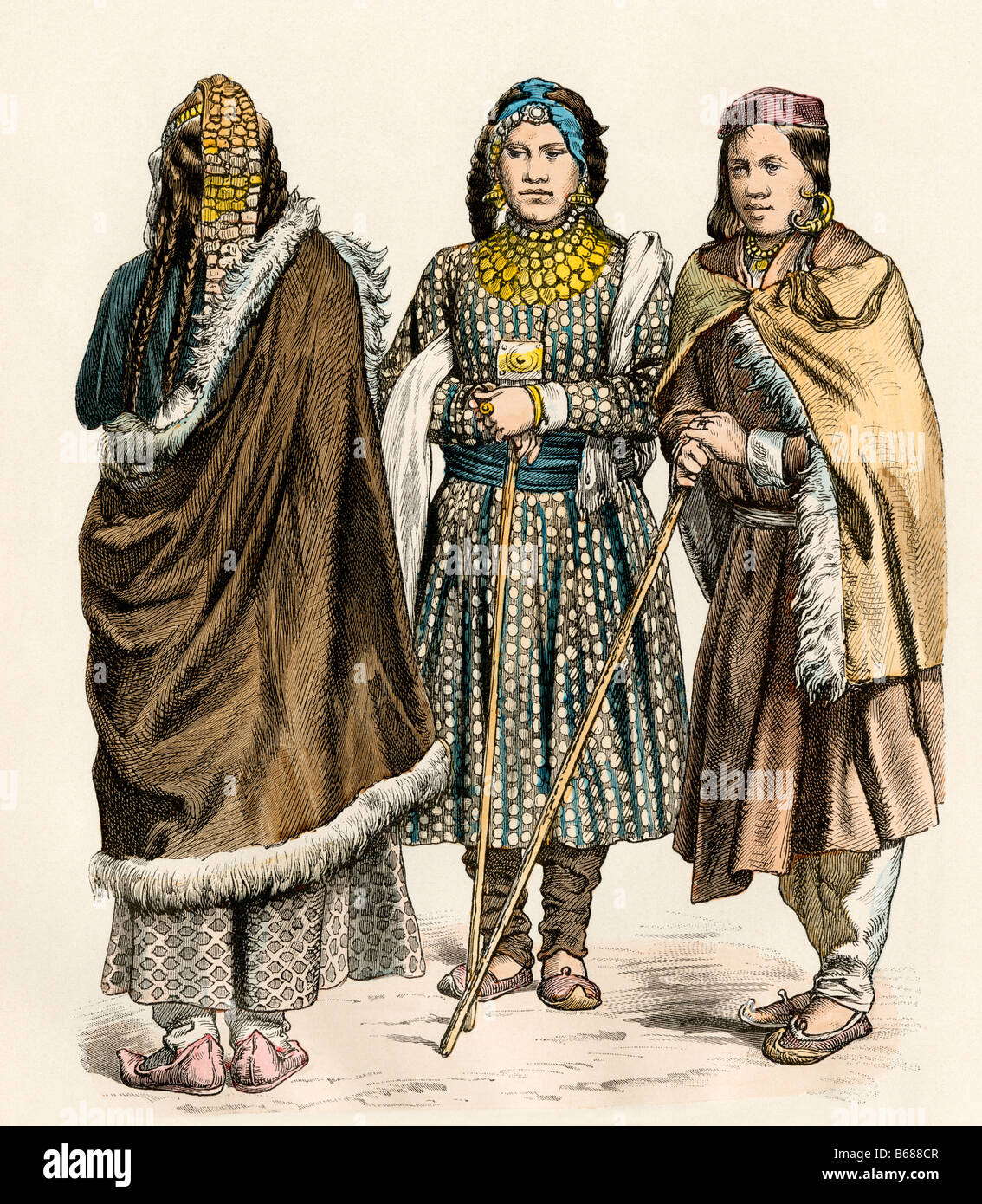 Le donne del Tibet nel loro abbigliamento tradizionale. Colorate a mano la stampa Foto Stock