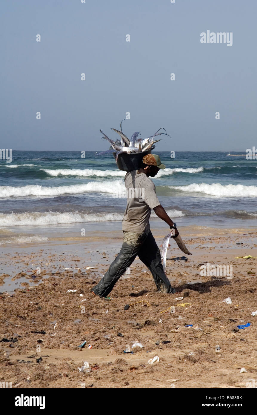 Uomo cestello di trasporto del pesce lungo la spiaggia Yoff Dakar Senengal Foto Stock