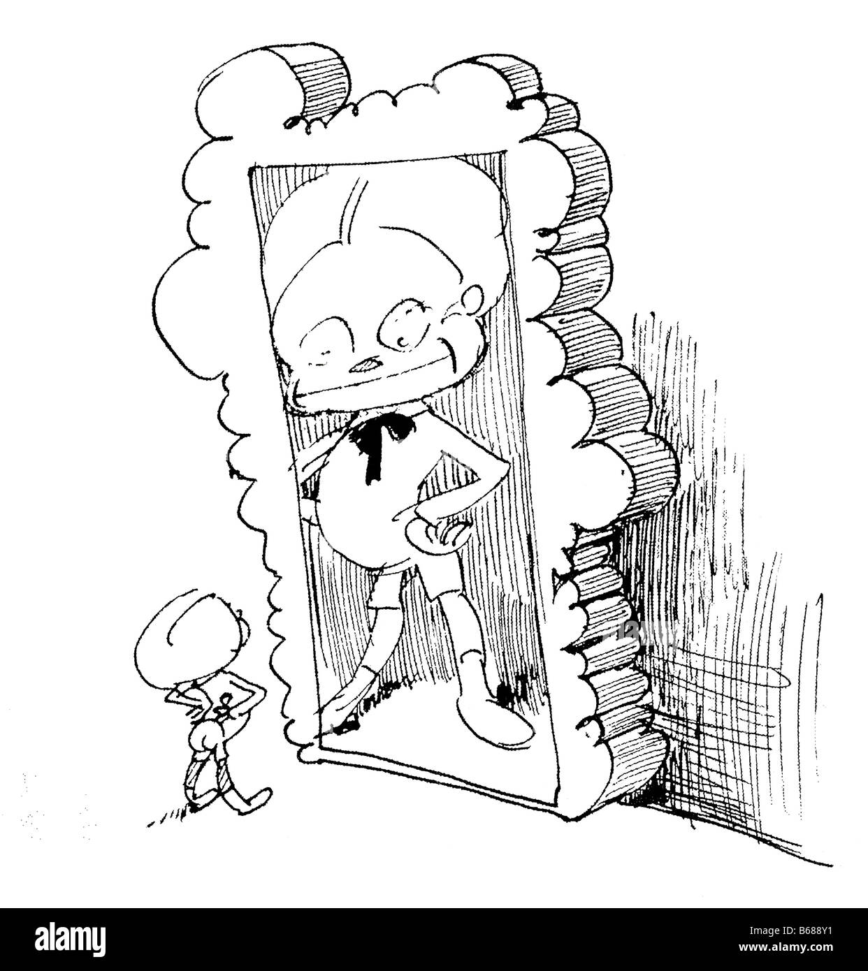 Illustrazione di come un piccolo bambino si guarda allo specchio Foto Stock