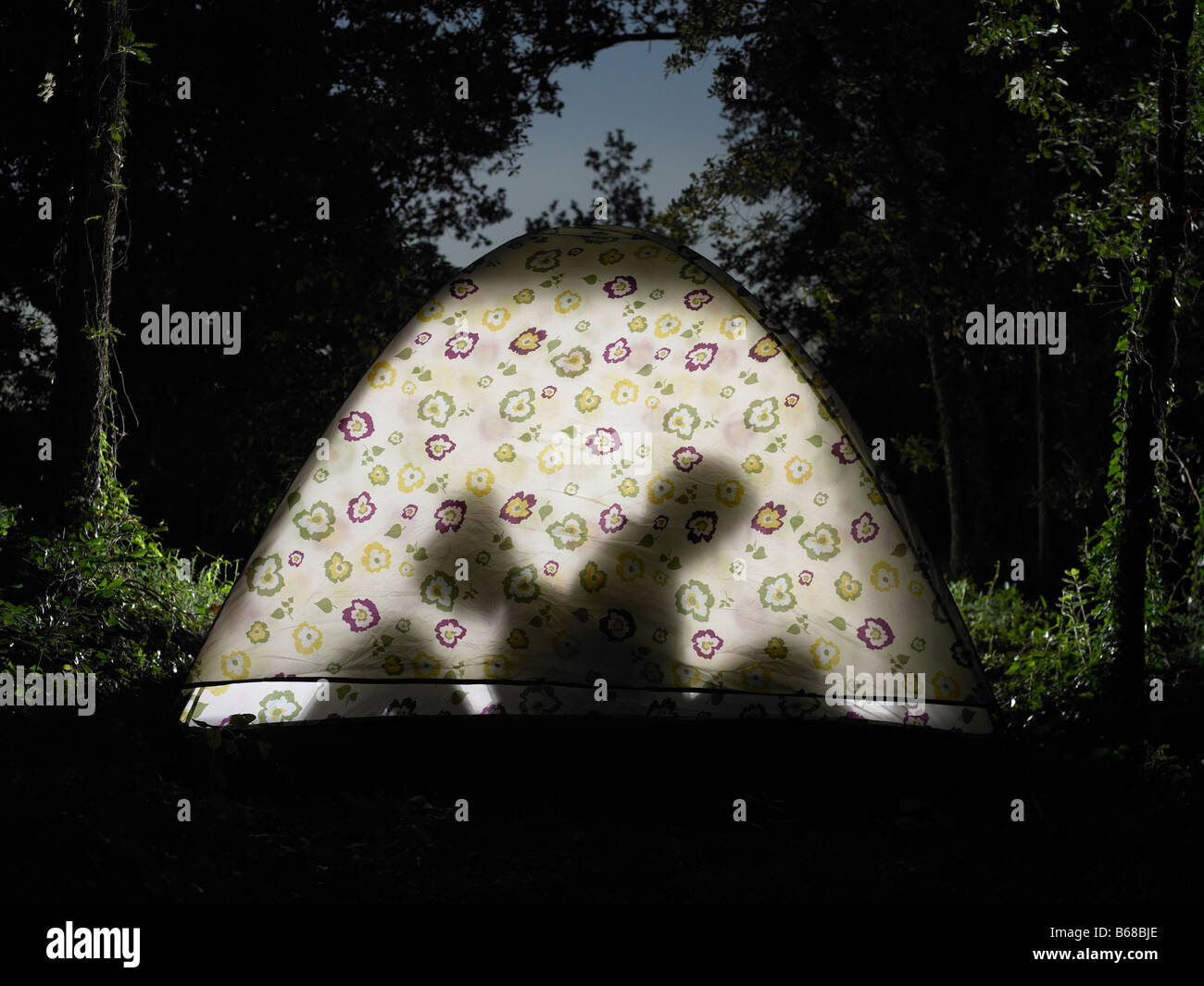 Giovane seduto in tenda, silhouette view Foto Stock