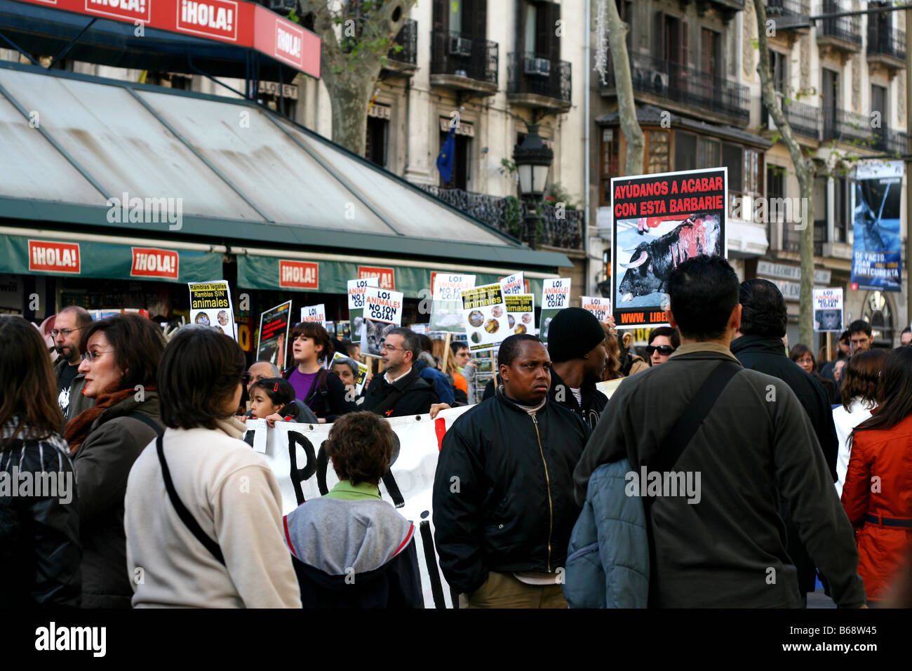 Diritti degli animali protesta sulla Rambla di Barcellona, Spagna Foto Stock