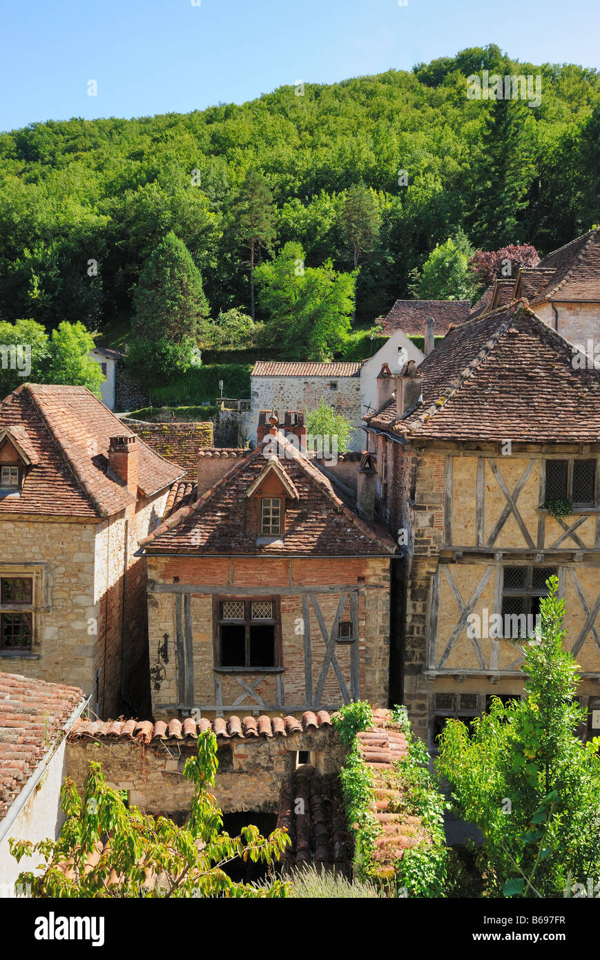 Dettaglio degli edifici in Saint Cirq Lapopie, Midi Pyrénées, Lot, Francia Foto Stock