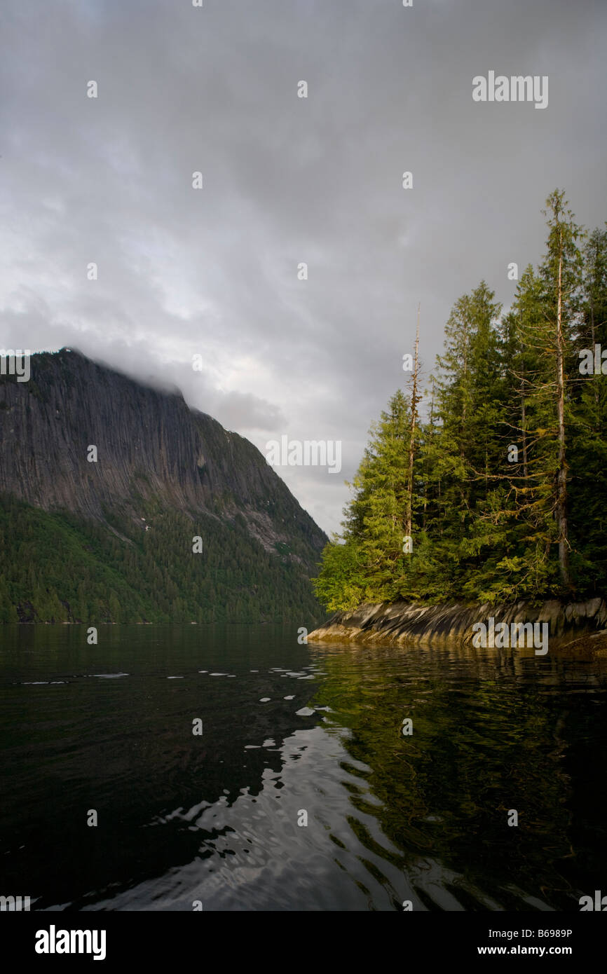 Stati Uniti d'America Alaska Misty Fjords National Monument impostazione sole illumina la foresta pluviale lungo Rudyerd baia vicino a conca Cove Foto Stock