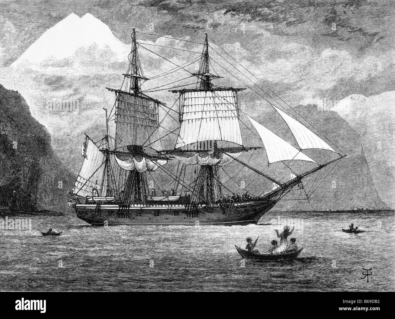 HMS Beagle nello Stretto di Magellano con Mt Sarmiento nella distanza nel 1832 - vedere la descrizione riportata sotto per i dettagli Foto Stock