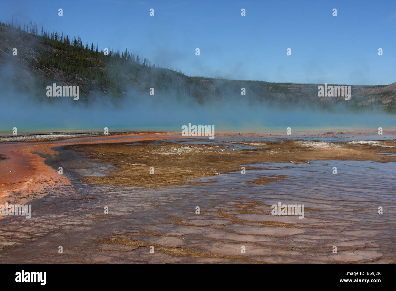 Grand Prismatic Spring, Midway Geyser Basin, il Parco Nazionale di Yellowstone Foto Stock