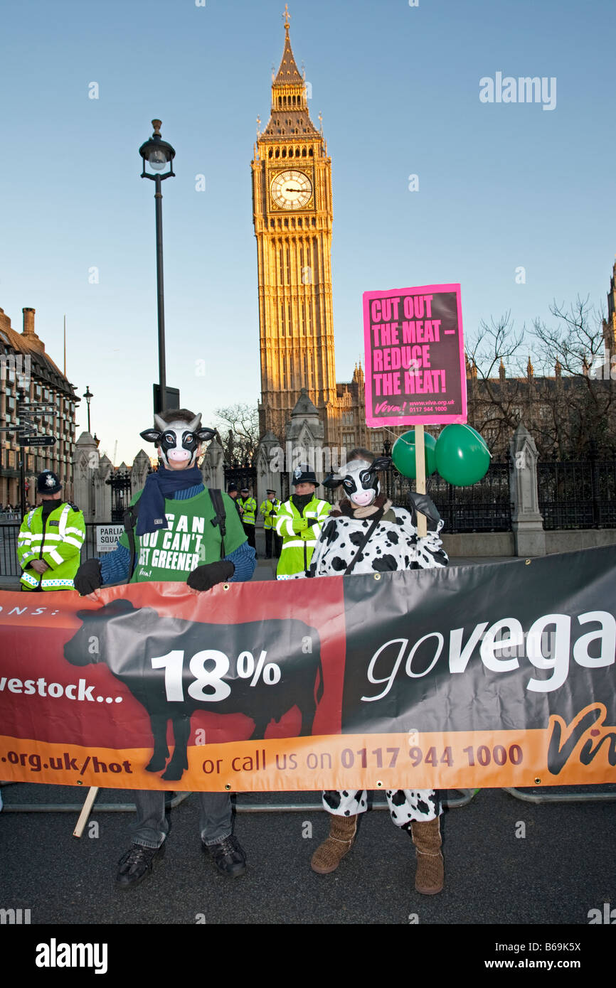 Vegan ridurre il consumo di carne gli attivisti sul Cambiamento Climatico marzo Londra Dicembre 2008 REGNO UNITO Foto Stock