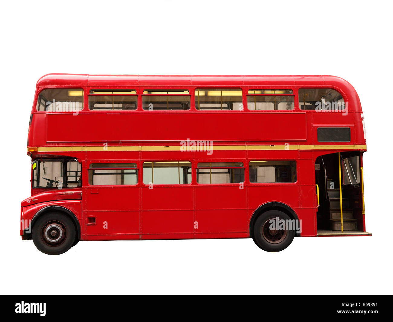 Red Routemaster London double decker bus su sfondo bianco Foto Stock