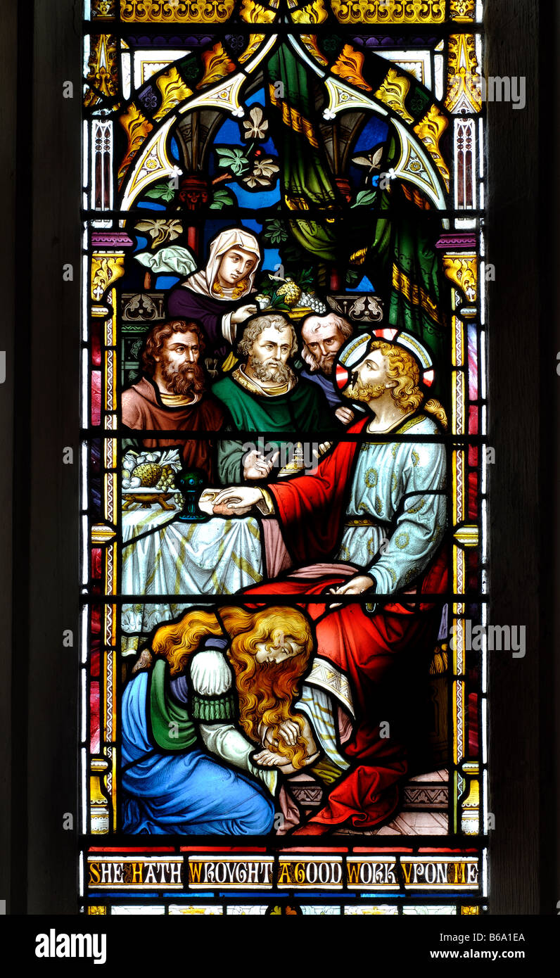 Ultima Cena in vetro colorato, Chiesa della Santa Trinità, oltre Worton, Oxfordshire, England, Regno Unito Foto Stock