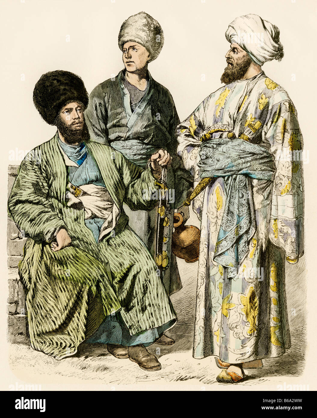 Gli uomini da Khiva Uzbekistan in abiti tradizionali. Colorate a mano la stampa Foto Stock