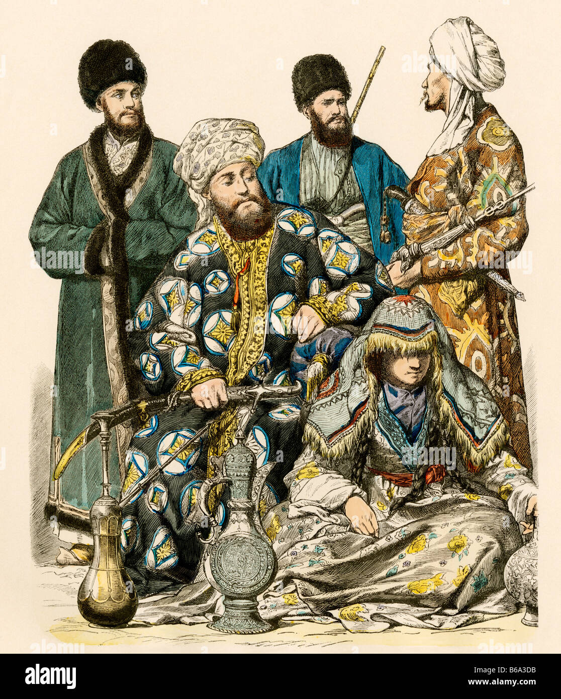 Uomo di Khiva lasciato l'Emiro di Bukhara e del suo corpo di guardia e una donna di Samarcanda. Colorate a mano la stampa Foto Stock