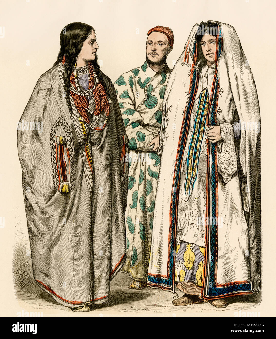 La gente di Turkestan in costumi tradizionali. Colorate a mano la stampa Foto Stock