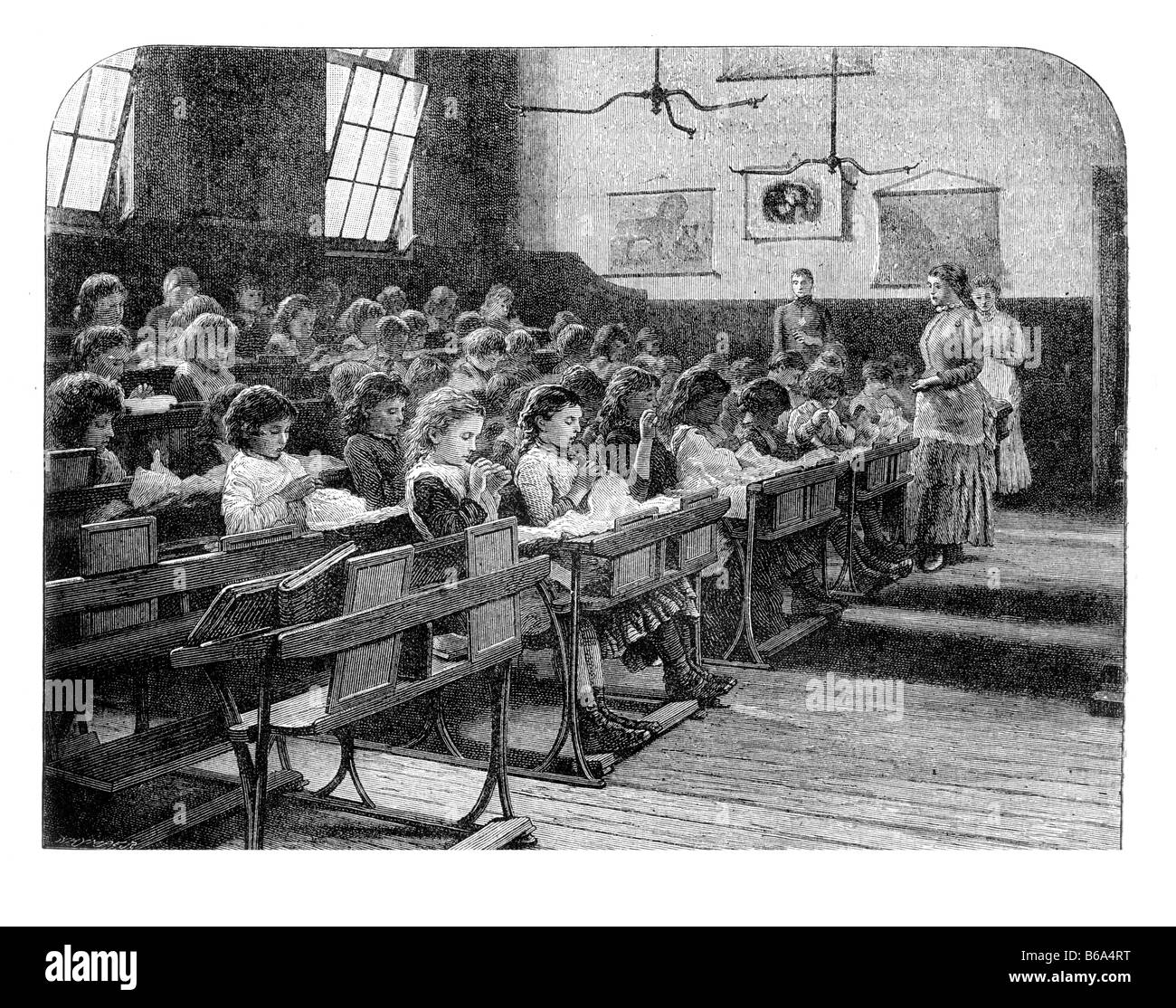 Vittoriano Scuola in Aula le ragazze che frequentano una classe di cucitura illustrazione circa 1890 da Edward Whymper b1840 d1911 Foto Stock