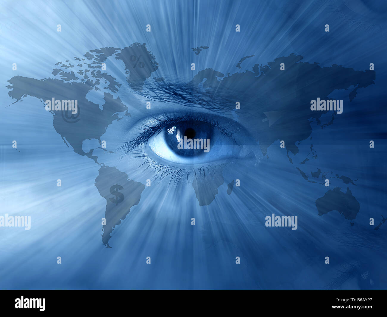 Continental abstract wallpaper con mappa del mondo e gli occhi blu Foto Stock