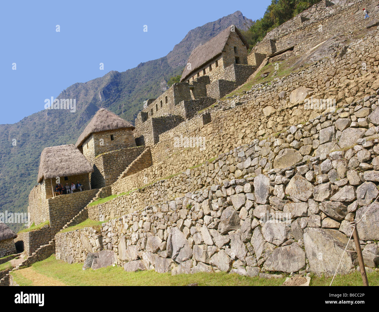 Panorama campi terrazzati e custode di capanne rovine Inca di Machu Picchu Perù Sud America Foto Stock