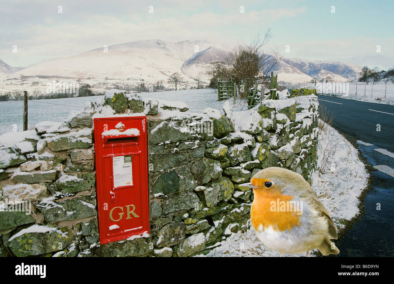 Un inverno di casella postale in St Johns in the Vale nel distretto del Lago Regno unito con un Robin in primo piano Foto Stock