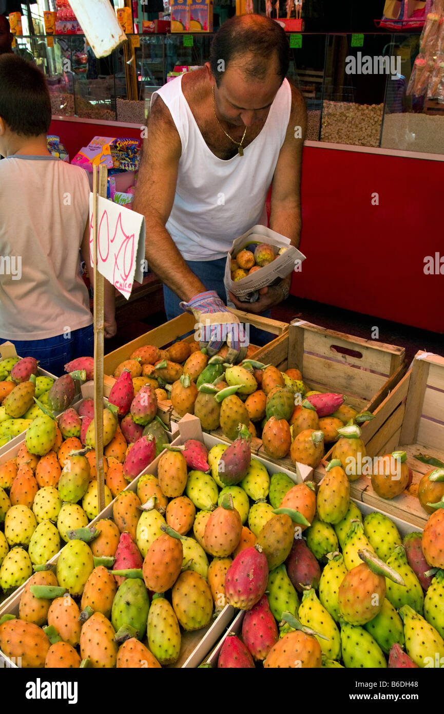 Commerciante di mercato vendere "Ficodindia cactus frutti", Palermo, Sicilia, Italia Foto Stock