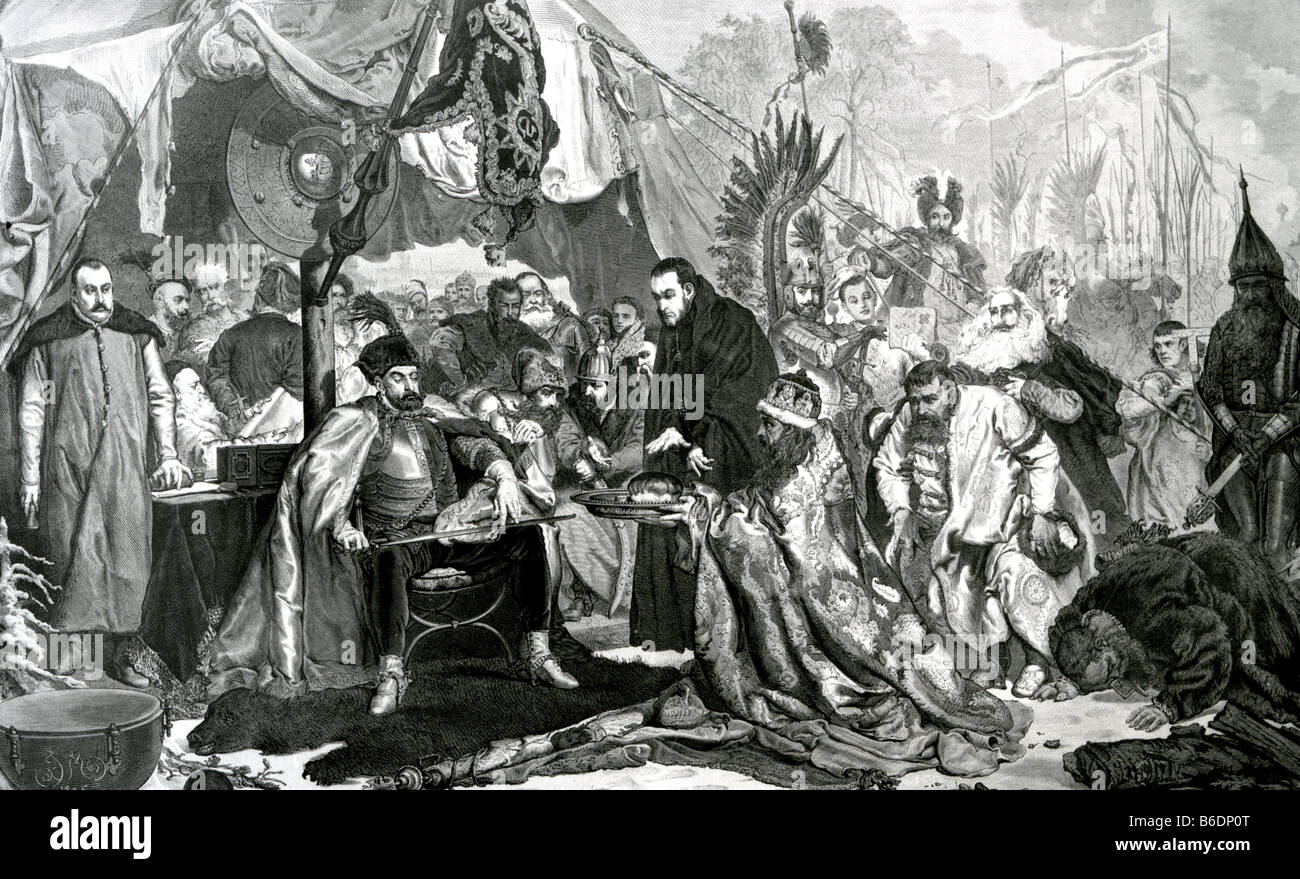 STEPHEN BATHORY di Polonia nobile ungherese che divenne eletto re di Polonia. Qui seduto all'Assedio di Pskov nel 1581. Foto Stock