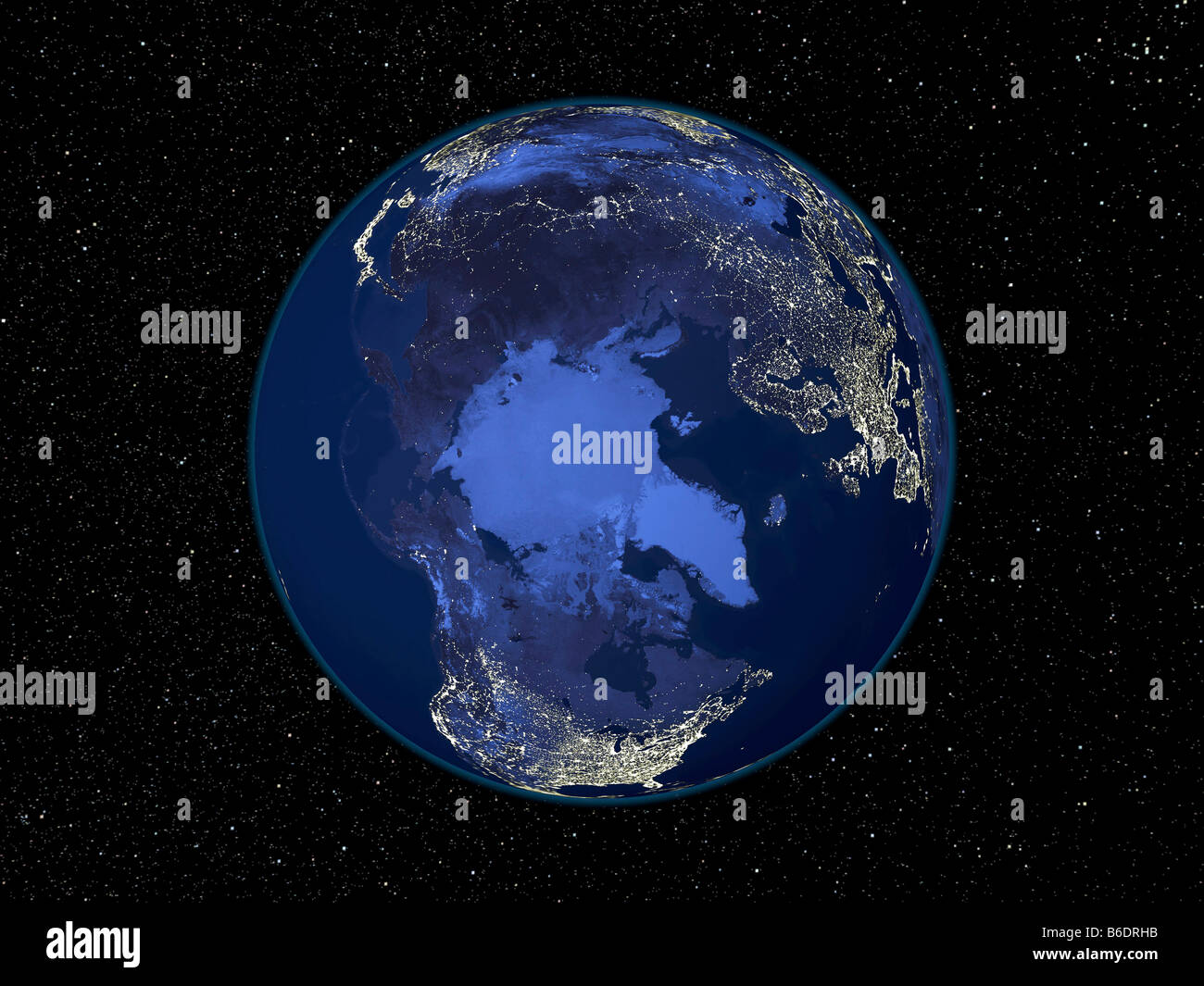 L'Artico di notte. Immagine satellitare della "paura" che di notte, impostata su uno sfondo di stelle, centrato sull'Artico. Foto Stock