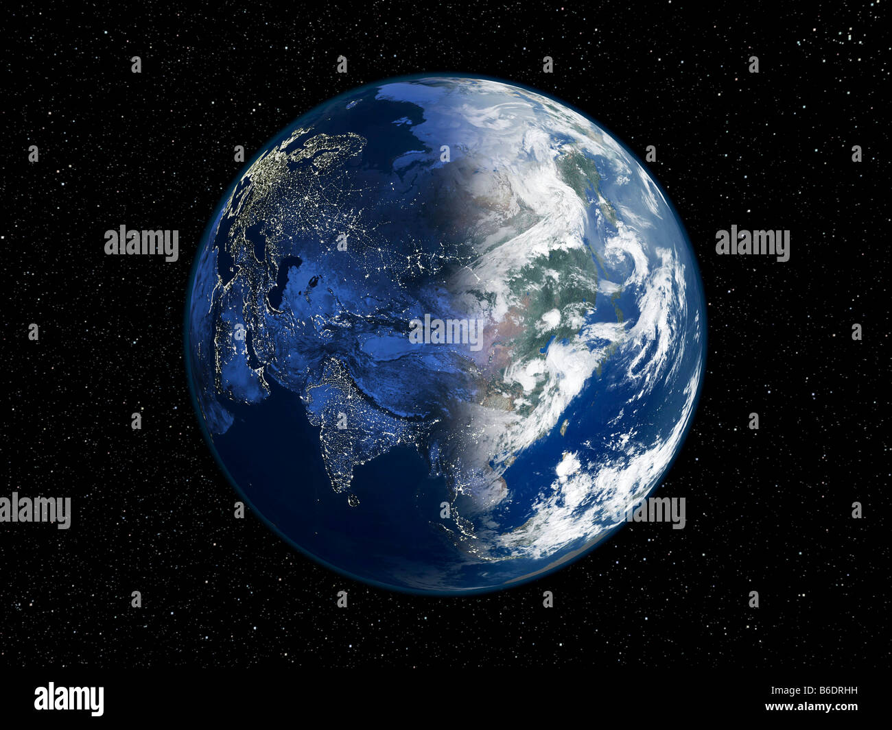 Asia, un'immagine satellitare di notte-giorno. Questa immagine composita della terra è centrata sul continente asiatico. Foto Stock