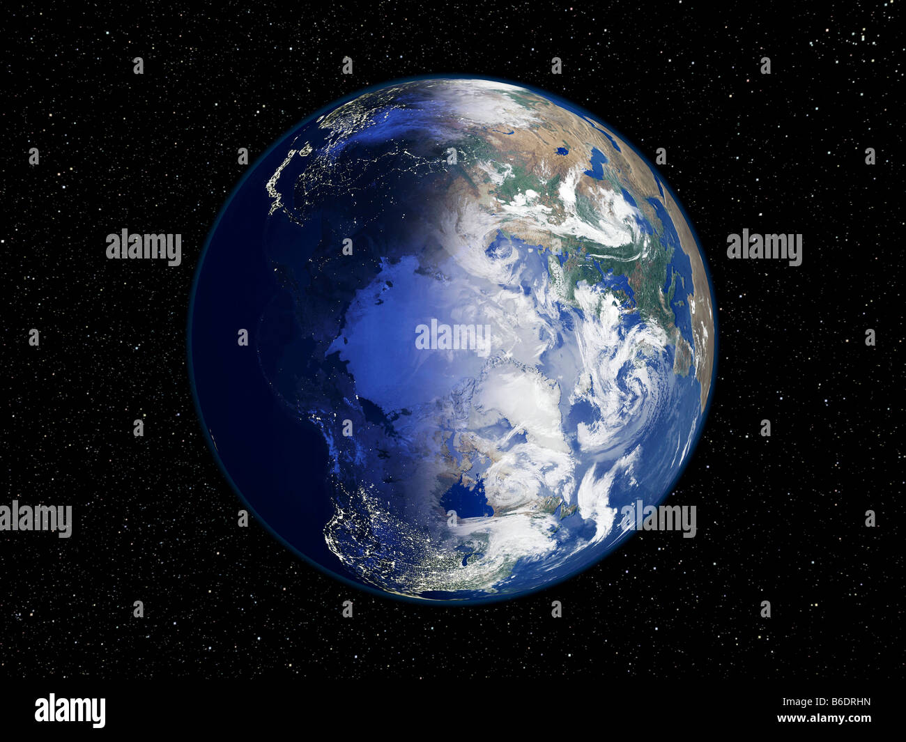 L'Artico, un'immagine satellitare di notte-giorno. Questa immagine composita della terra è centrato sull'Artico. Foto Stock