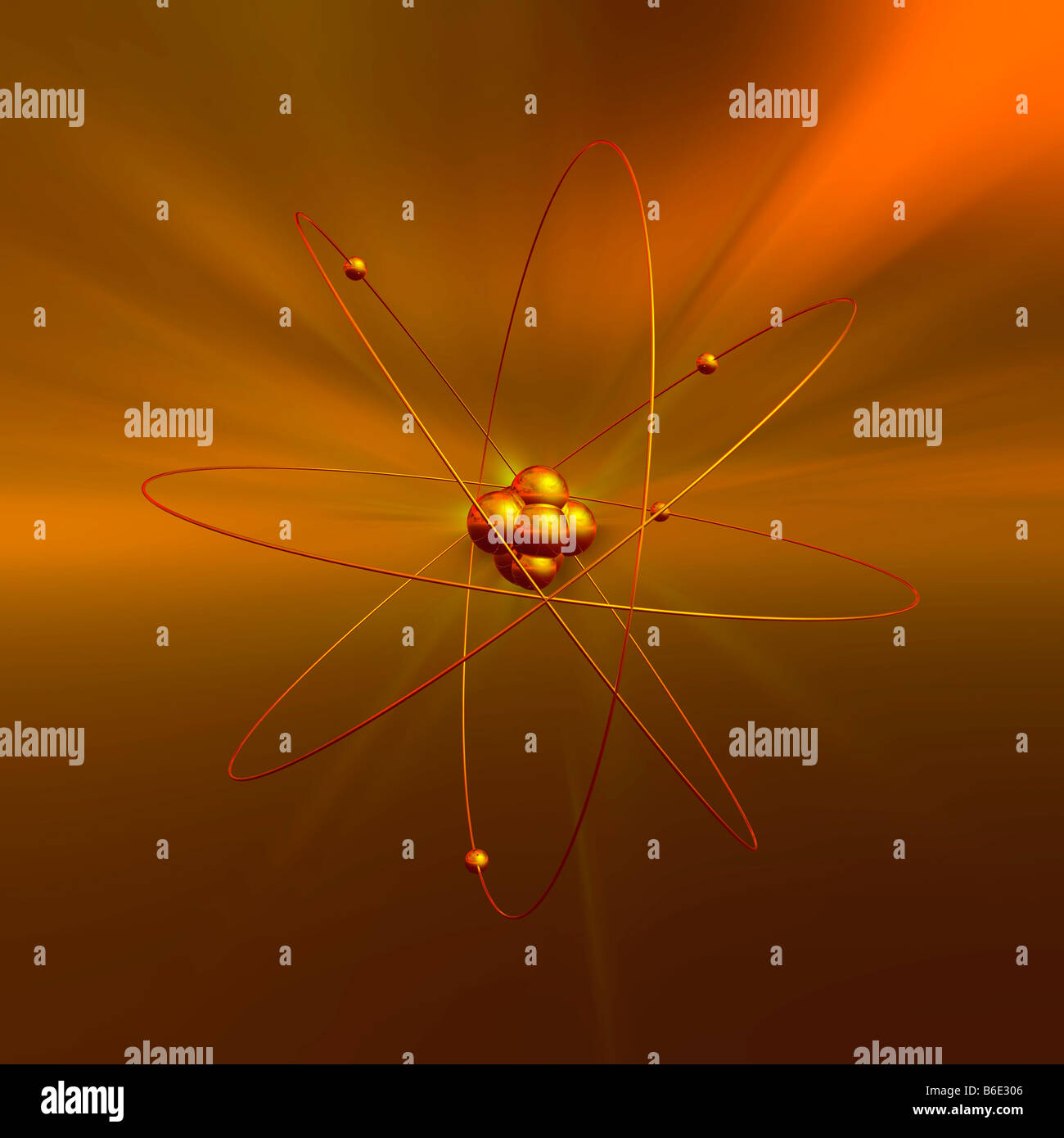 Struttura atomica. Computer artwork di electronsorbiting un nucleo centrale Foto Stock