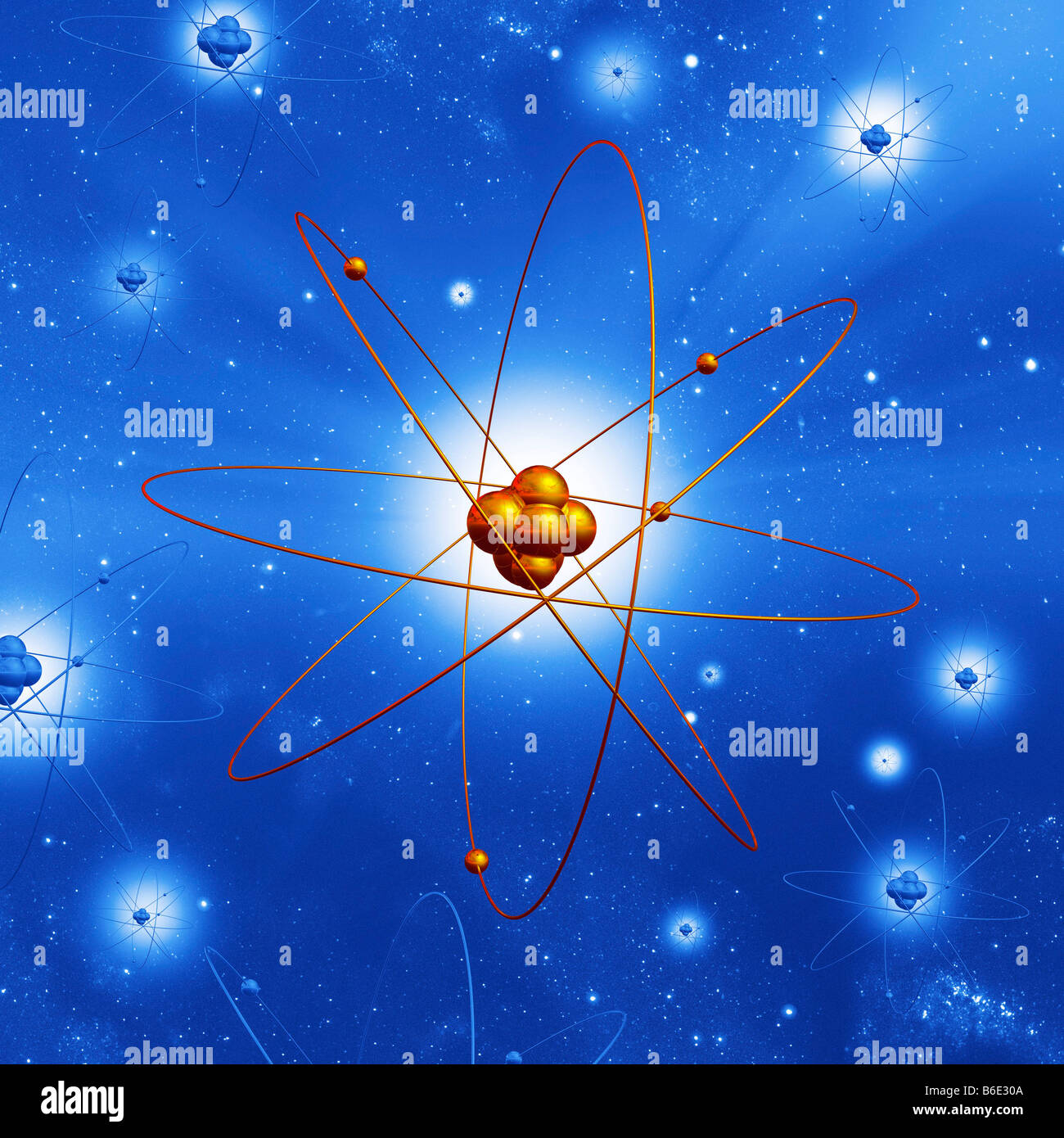 Struttura atomica. Computer artwork di electronsorbiting un nucleo centrale Foto Stock