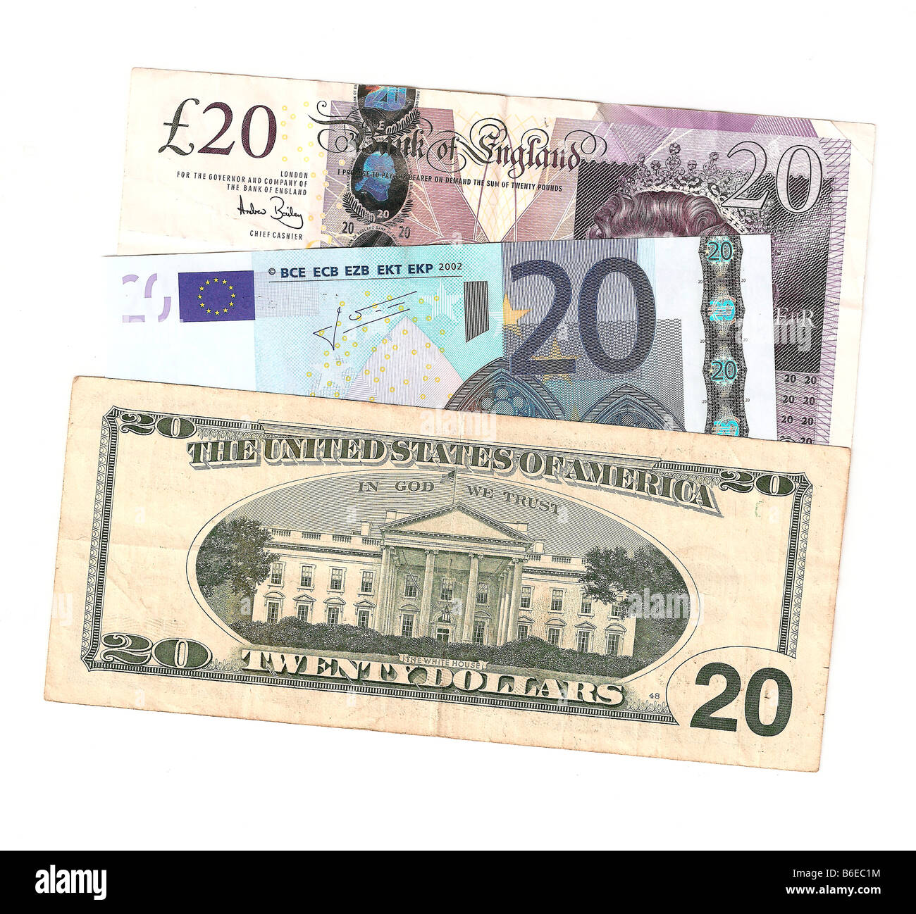 I valori di valuta concetto con il dollaro americano sterlina britannica e le banconote in euro Foto Stock
