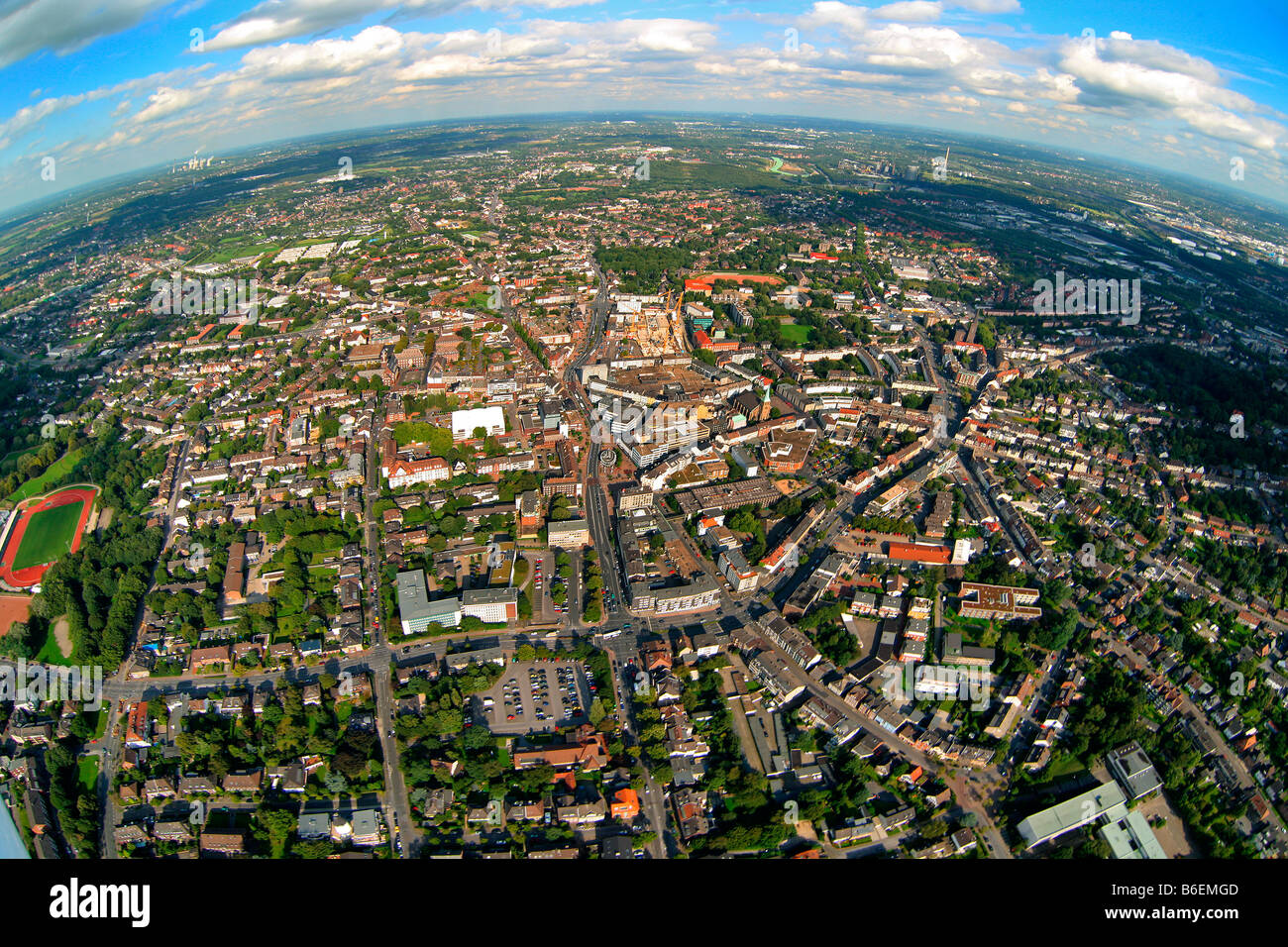 Fotografia aerea, colpo lungo, fisheye shot, citta' interna, Bottrop, la zona della Ruhr, Renania settentrionale-Vestfalia, Germania, Europa Foto Stock