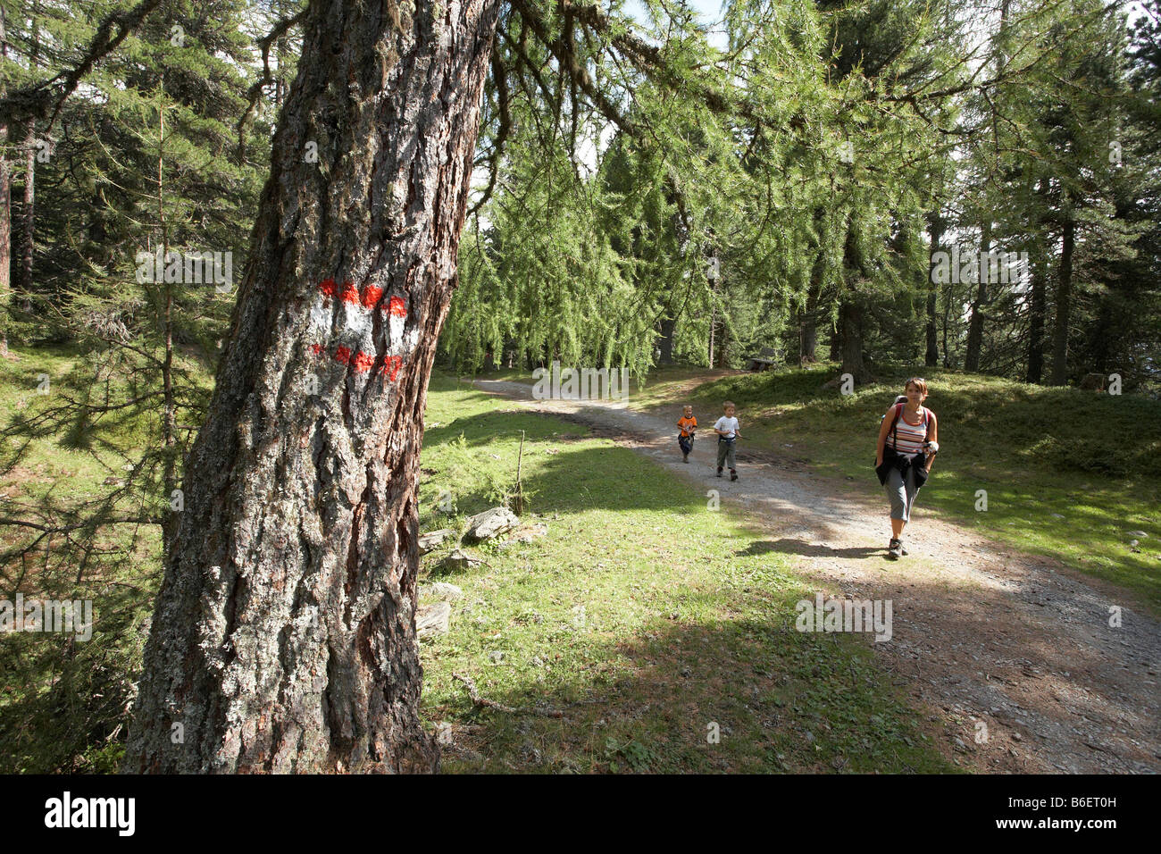 Donna e due bambini dal lago Gruensee, Turracher Hoehe, montagne Nockberge, Carinzia, Austria, Europa Foto Stock