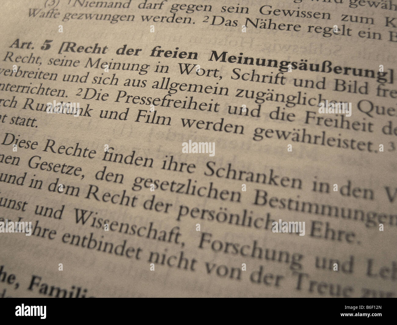 Testo giuridico nel libro dello statuto di lingua tedesca nazionale di diritto pubblico: Diritto costituzionale, articolo 5: il diritto alla libera opinione una pr gratuite Foto Stock