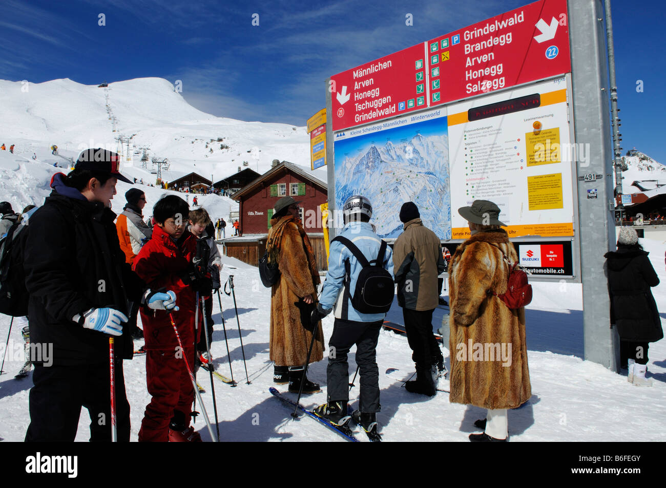 Alta società turisti indossare pellicce studiare un information board, Kleine Scheidegg Mountain, Grindelwald, Alpi Bernesi, Svizzera Foto Stock