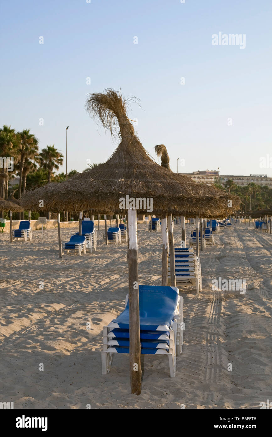 Sedie a sdraio e ombrelloni presso sunrise su una spiaggia deserta, Sa Coma, Maiorca, isole Balearian, Spagna, Europa Foto Stock