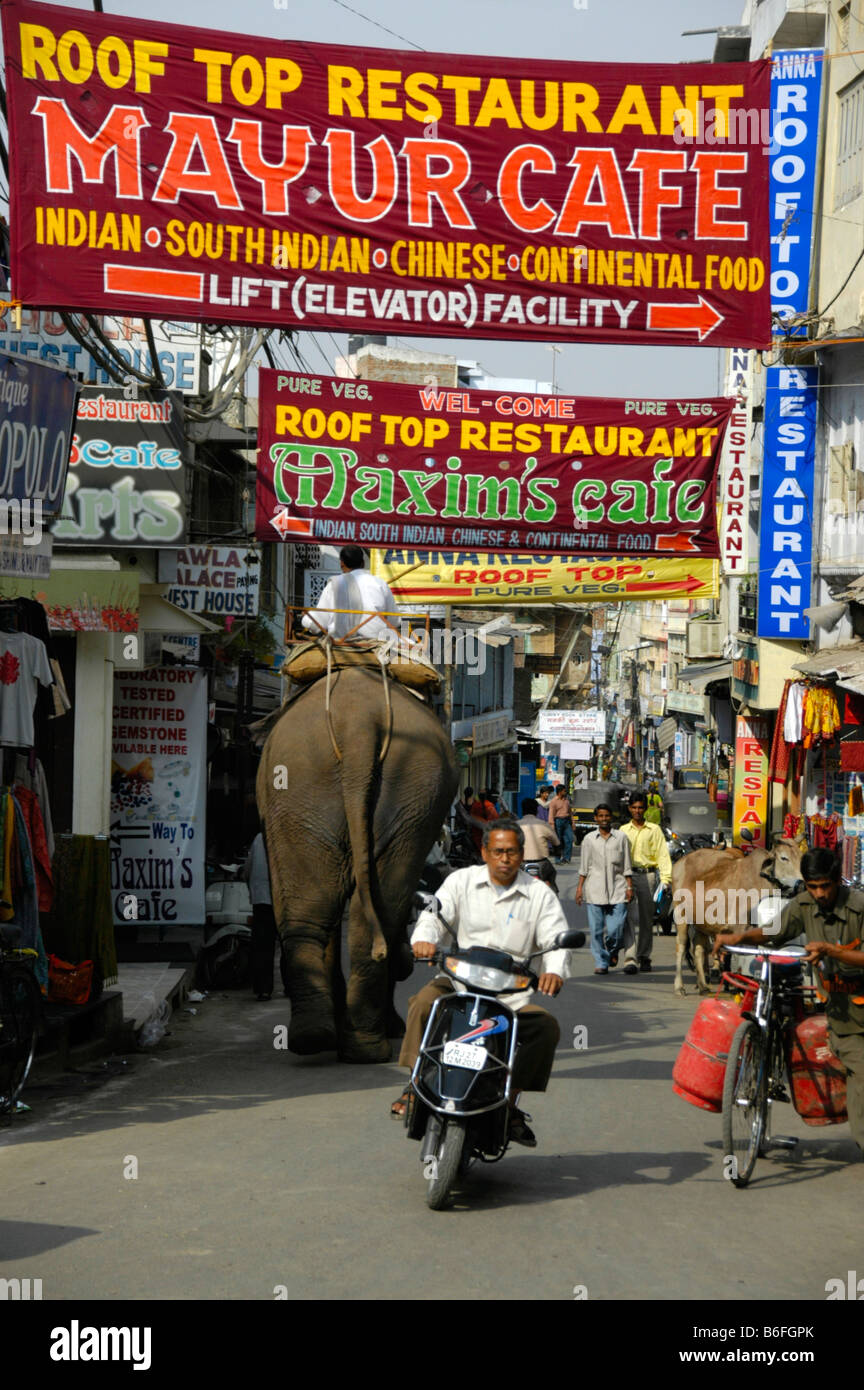 Banner colorati su un elefante, ciclomotore e persone in una strada in Udaipur, Rajasthan, India, Asia Foto Stock