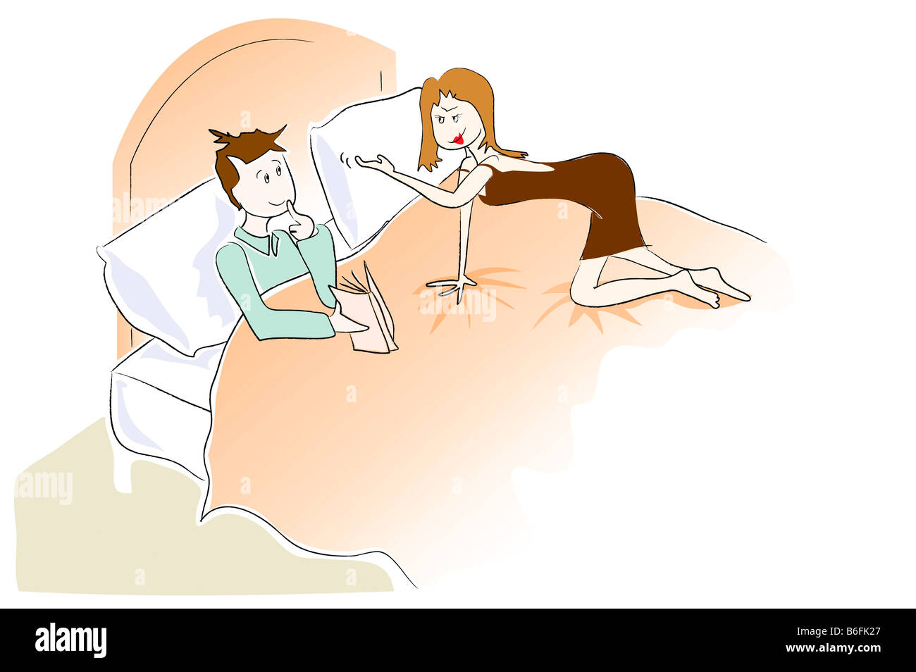 Illustrazione, coppia avente una conversazione nella loro camera da letto Foto Stock
