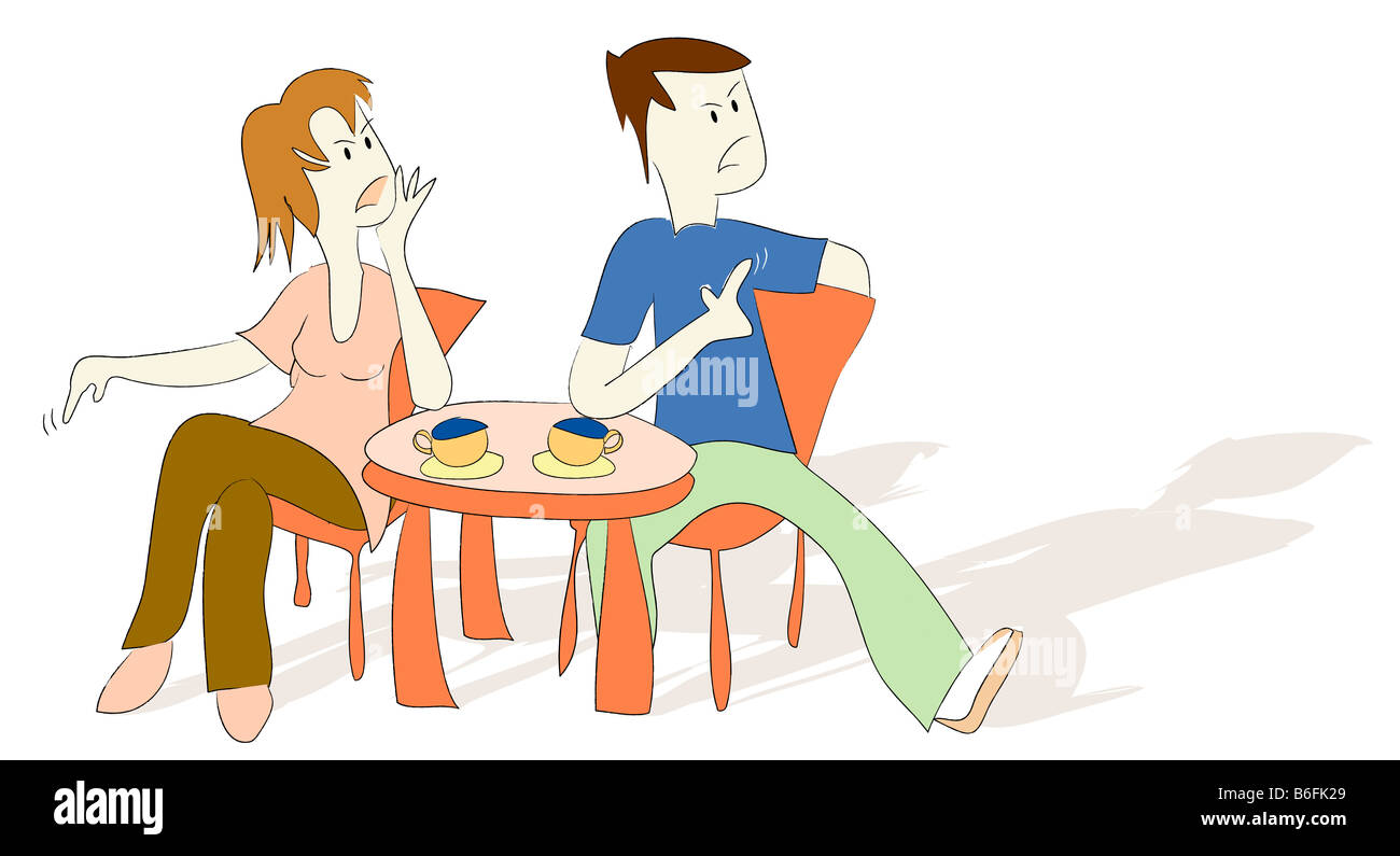 Illustrazione, coppia avente una discussione, argomento in un cafe Foto Stock