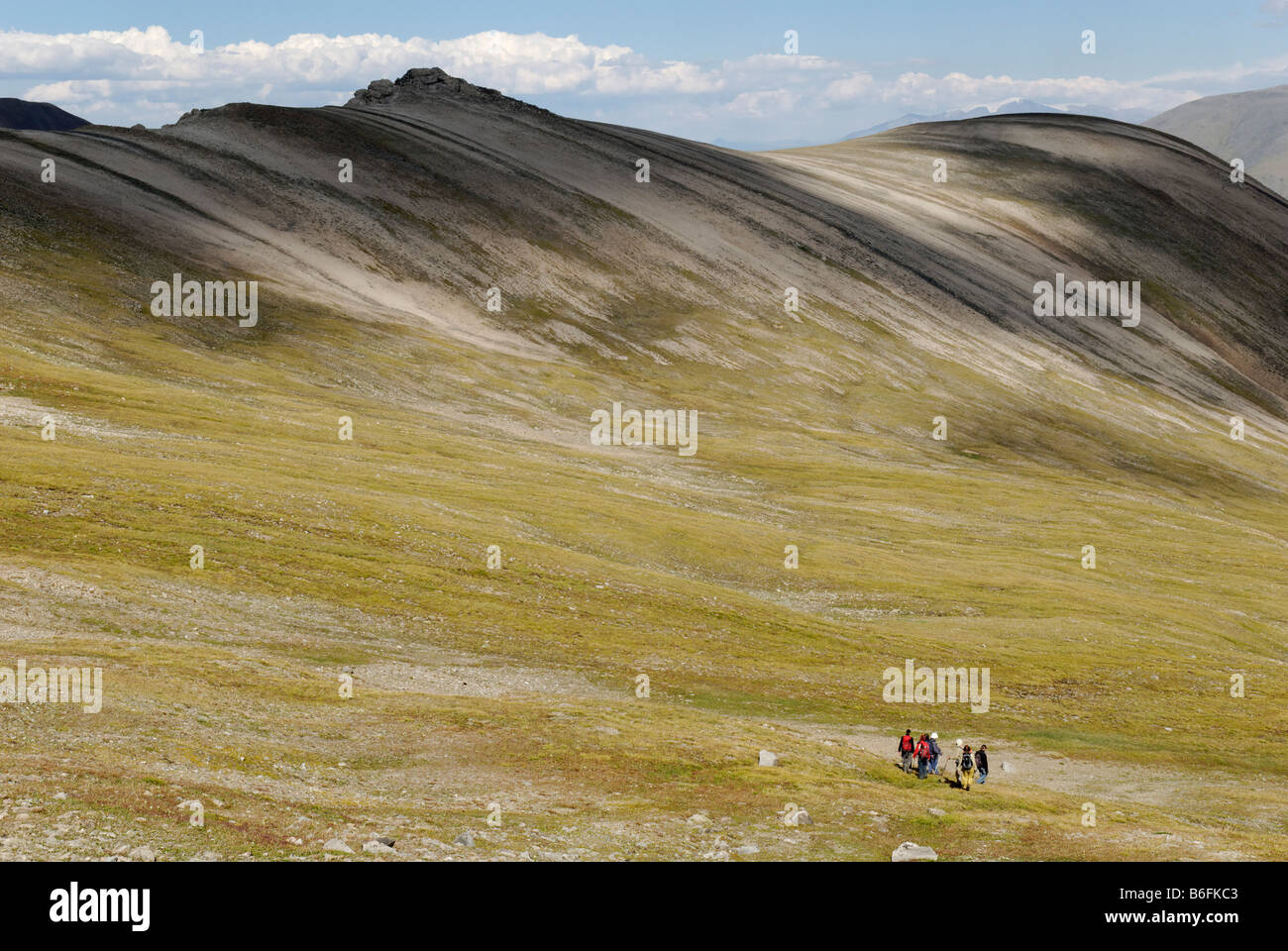 Gli escursionisti, turisti, Saljugem, Sailughem, Saylyugem montagne, Tshuja steppa, Altai Repubblica, Siberia, Russia, Asia Foto Stock