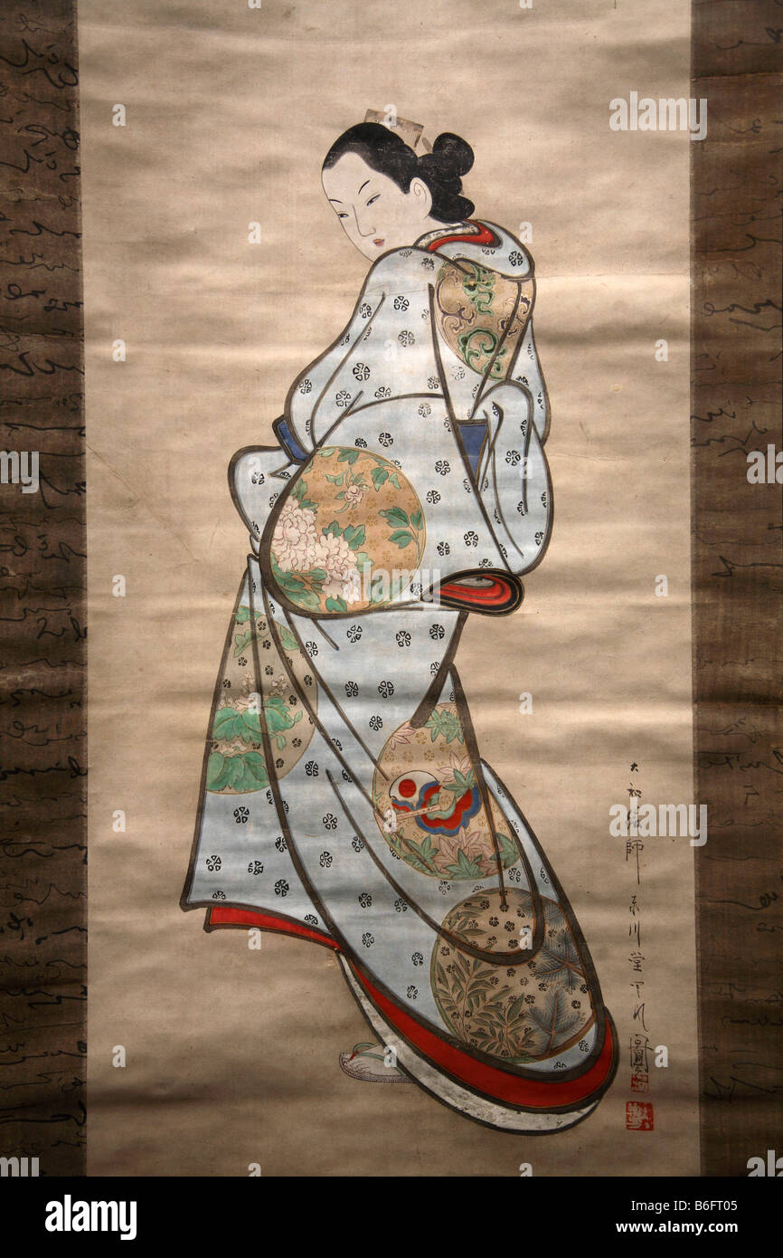 Giappone Tokyo Ueno Museo Nazionale dipinto scorrere signora in kimono Foto Stock