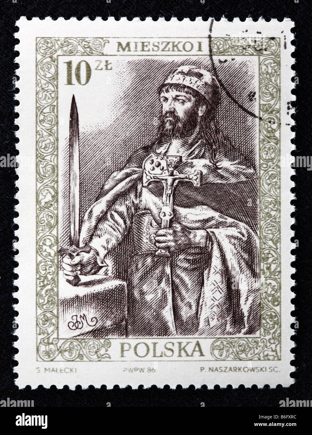 Mieszko I, re di Polonia (960-992), francobollo, Polonia, 1986 Foto Stock