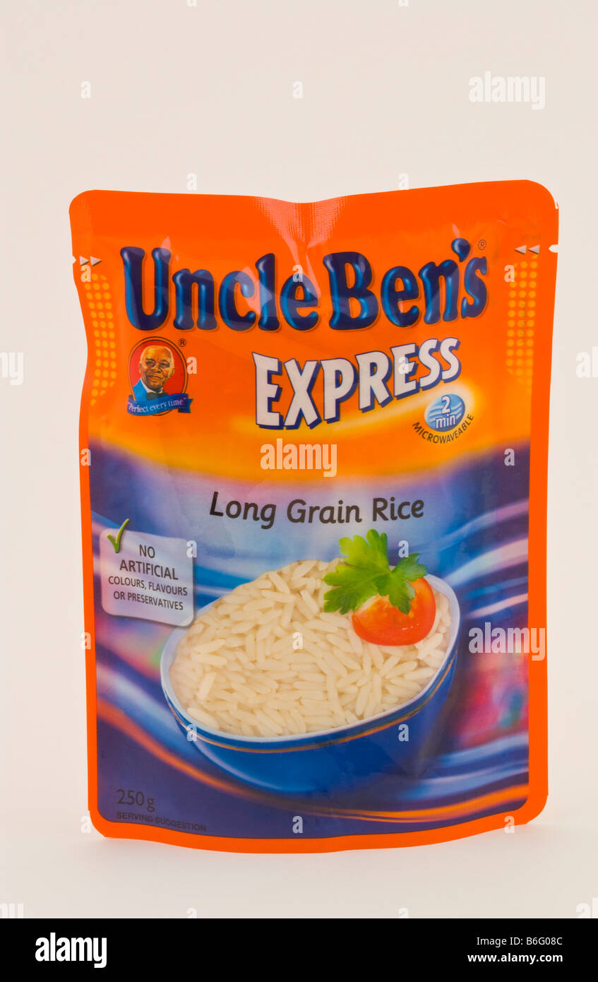 Borsa di zio Ben's Express microondabili riso a grani lunghi venduti nel Regno Unito Foto Stock
