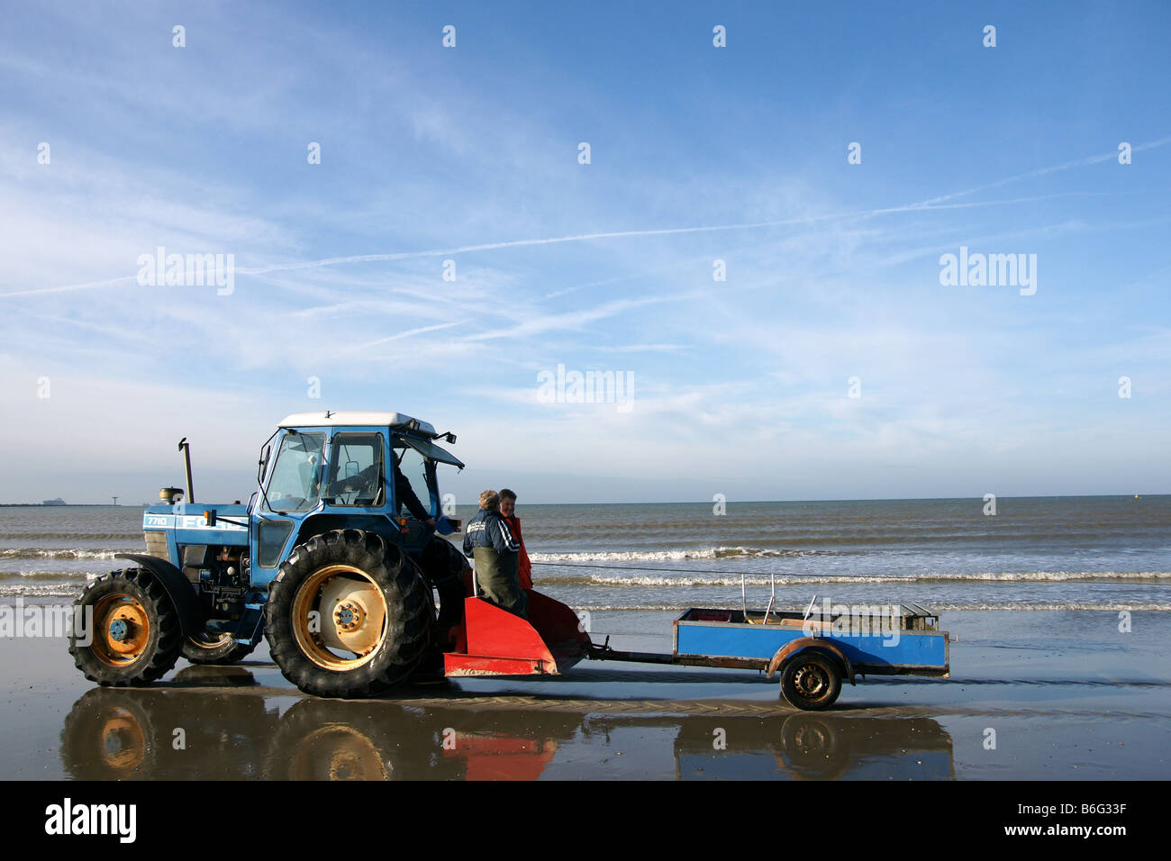 Trattore tirando sea net la pesca di ricerca sulle scienze della vita marina acqua poco profonda spiaggia Hoek van Holland Olanda Foto Stock