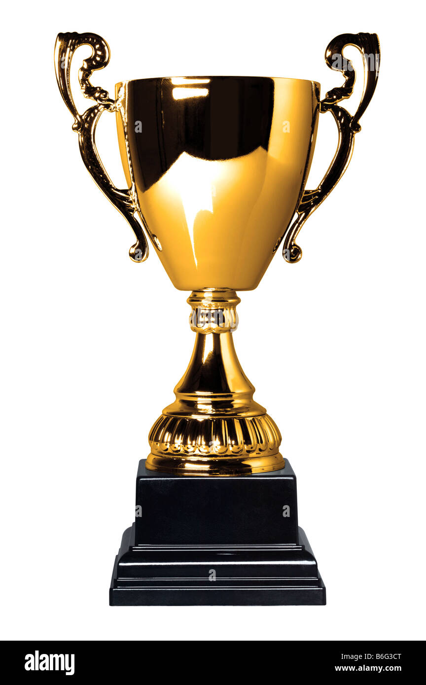 Gold Cup Trofeo su supporto isolato su uno sfondo bianco con percorso di clipping riflessione semplice Foto Stock