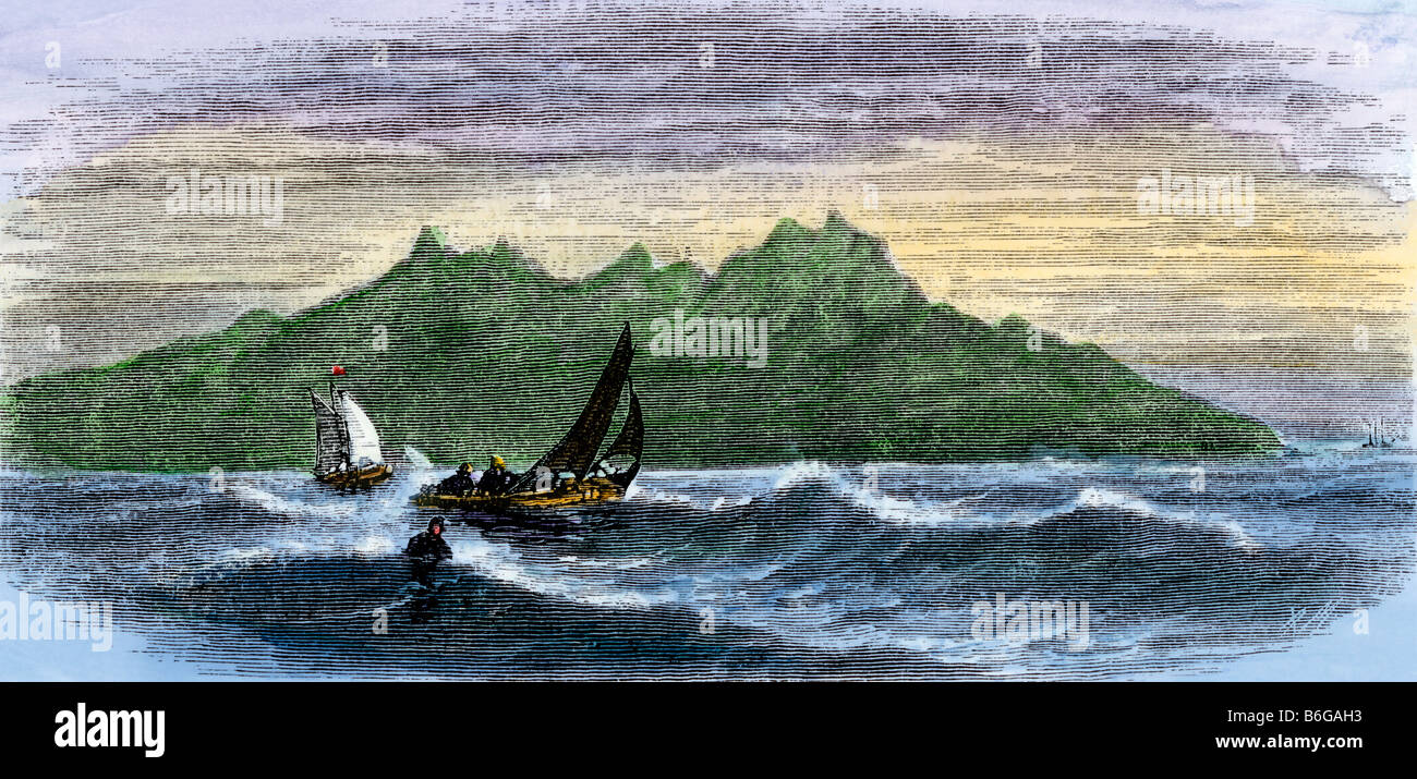 Barche a vela lungo Washington's Head, Saint Vincent nelle isole di Capo Verde. Colorate a mano la xilografia Foto Stock