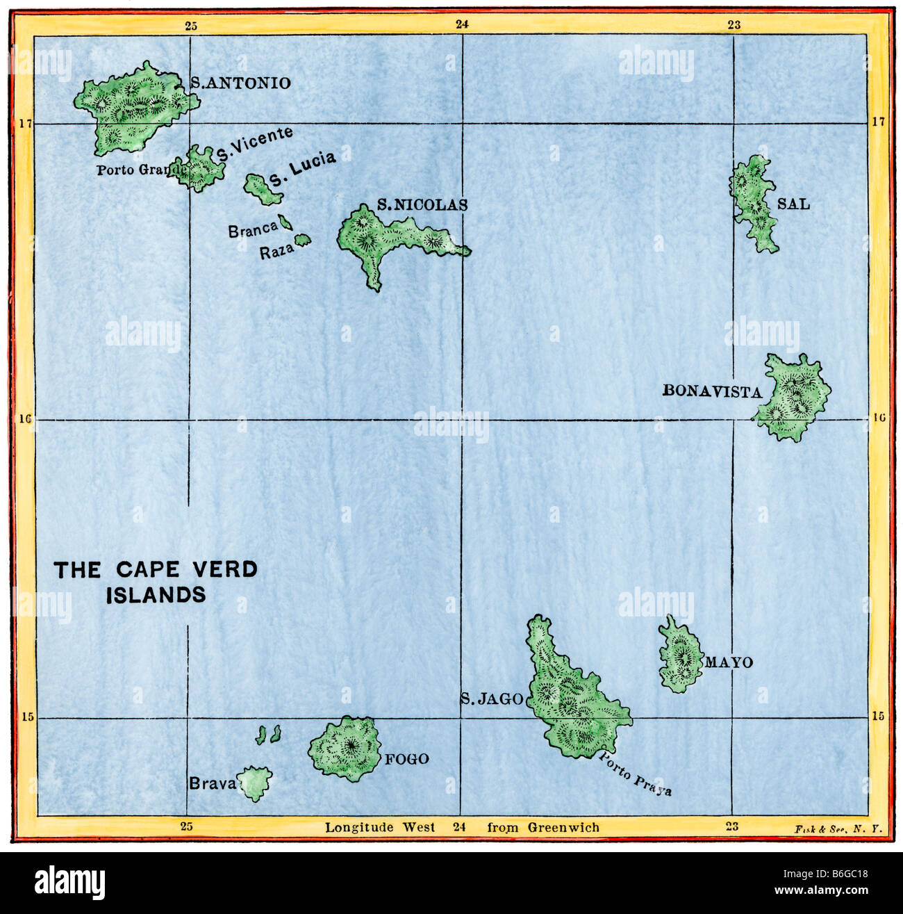 Mappa delle Isole di Capo Verde nell'Atlantico. Colorate a mano la xilografia Foto Stock