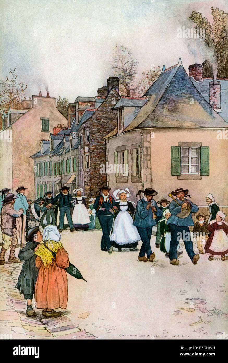 Festa di nozze passeggiando per il borgo di Pont-Aven in Bretagna, Francia. Litografia a colori Foto Stock