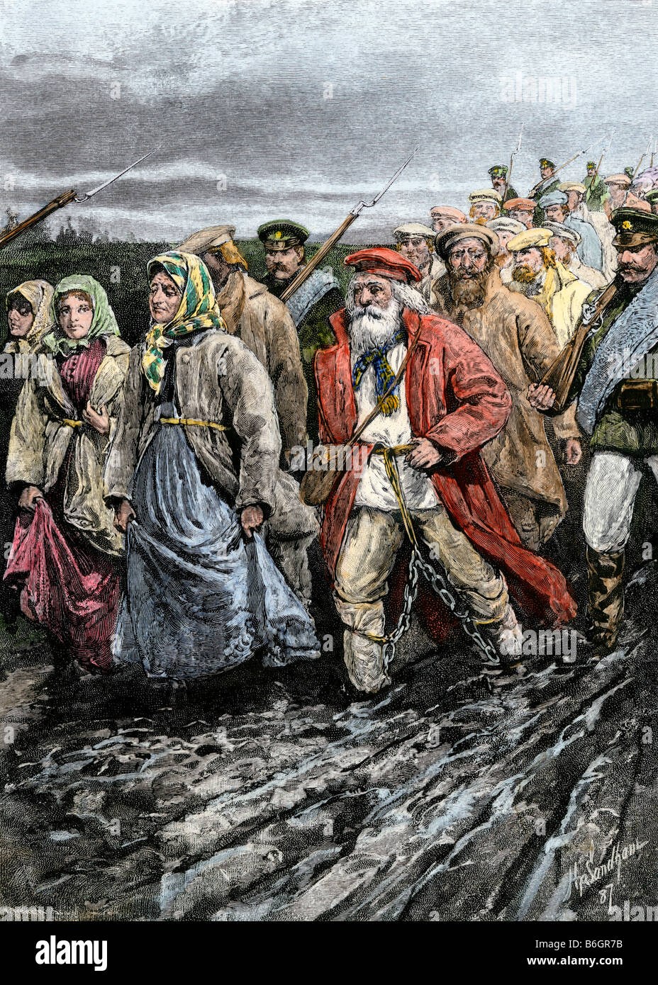 Prigionieri russi hanno marciato su una strada fangosa in esilio in Siberia 1880. Colorate a mano la xilografia Foto Stock