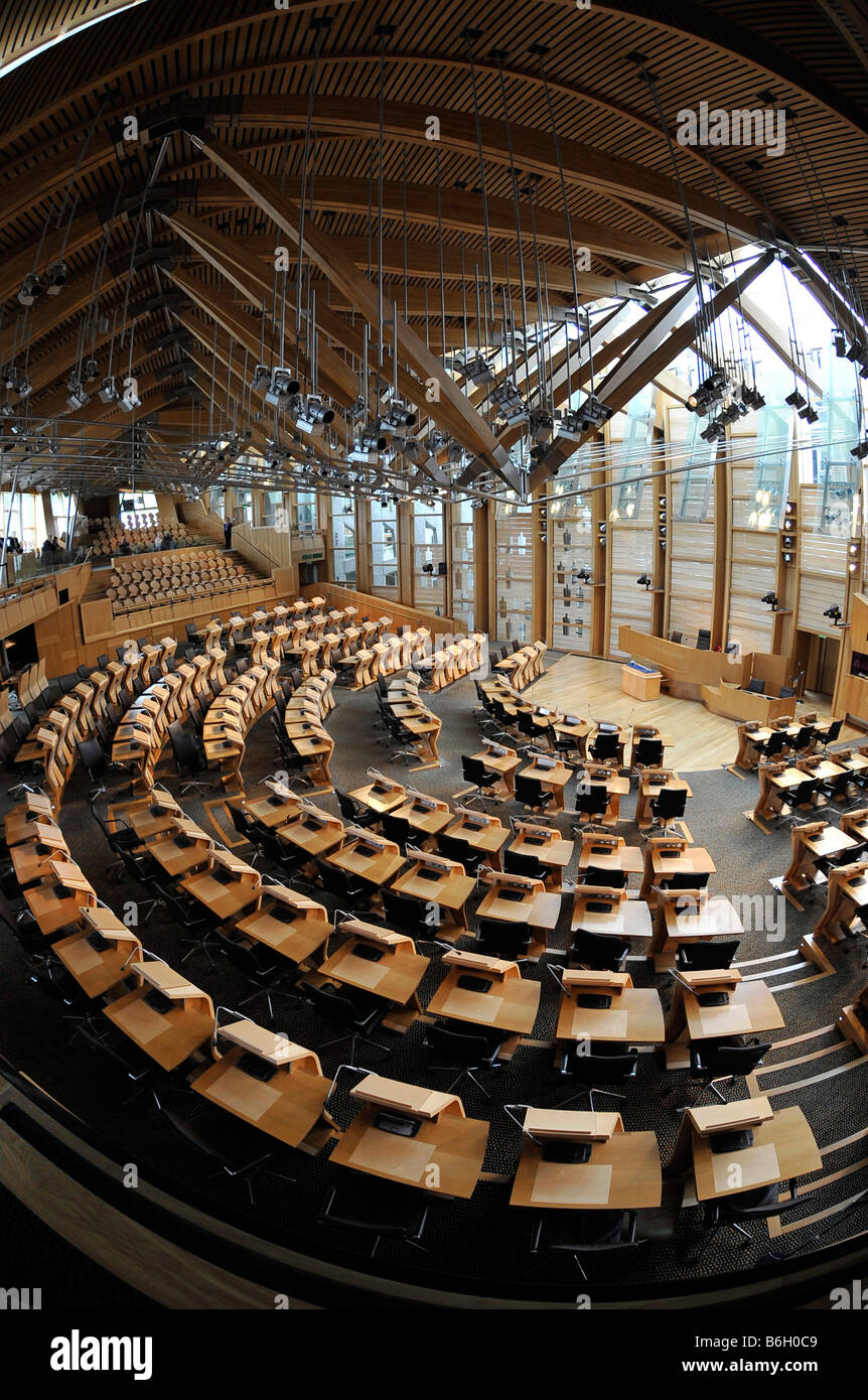 Interno dell'Aula di discussione il Parlamento scozzese di Holyrood Foto Stock