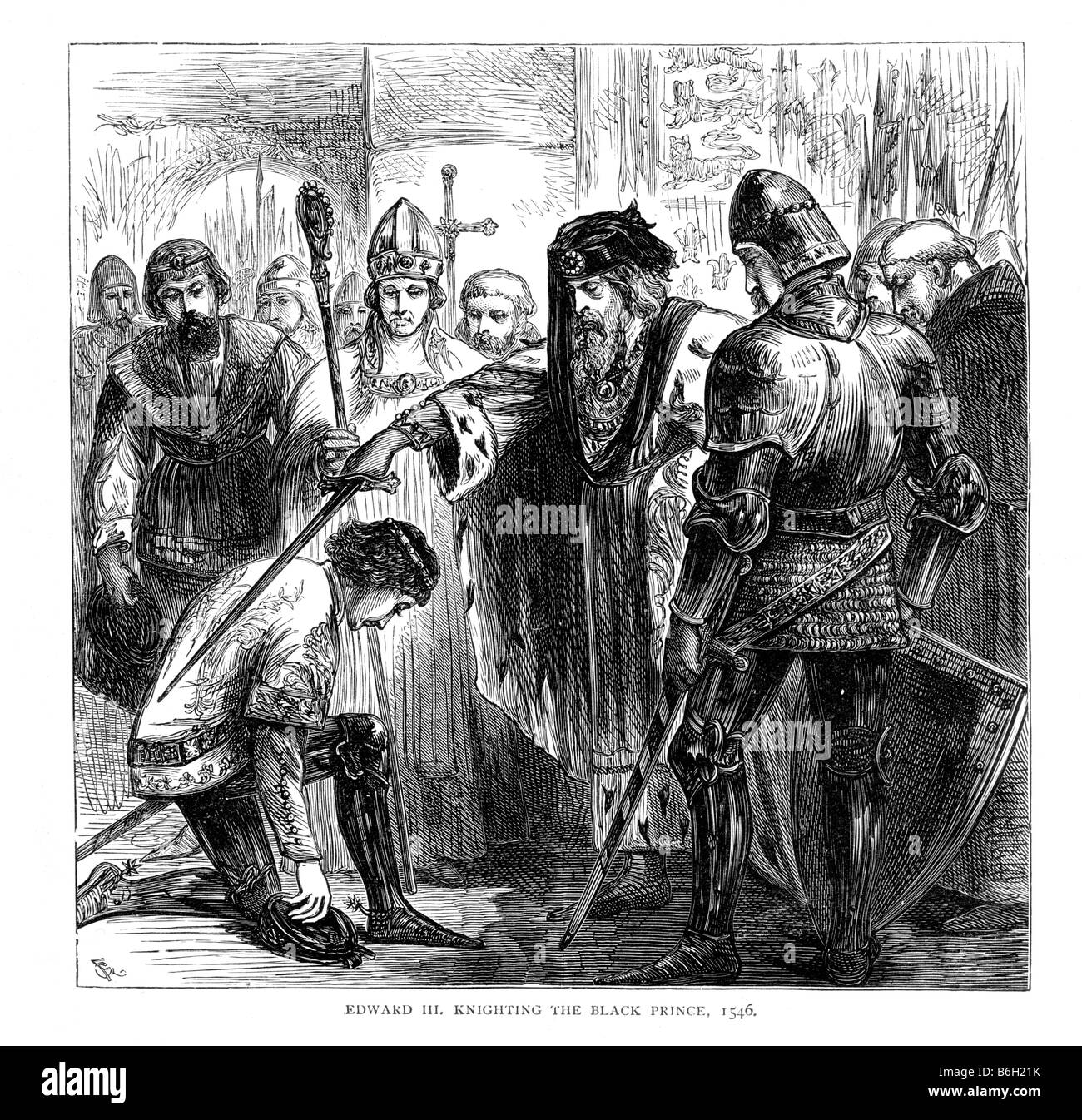Il re Edoardo III Knighting il Principe Nero 1546 xix secolo illustrazione Foto Stock