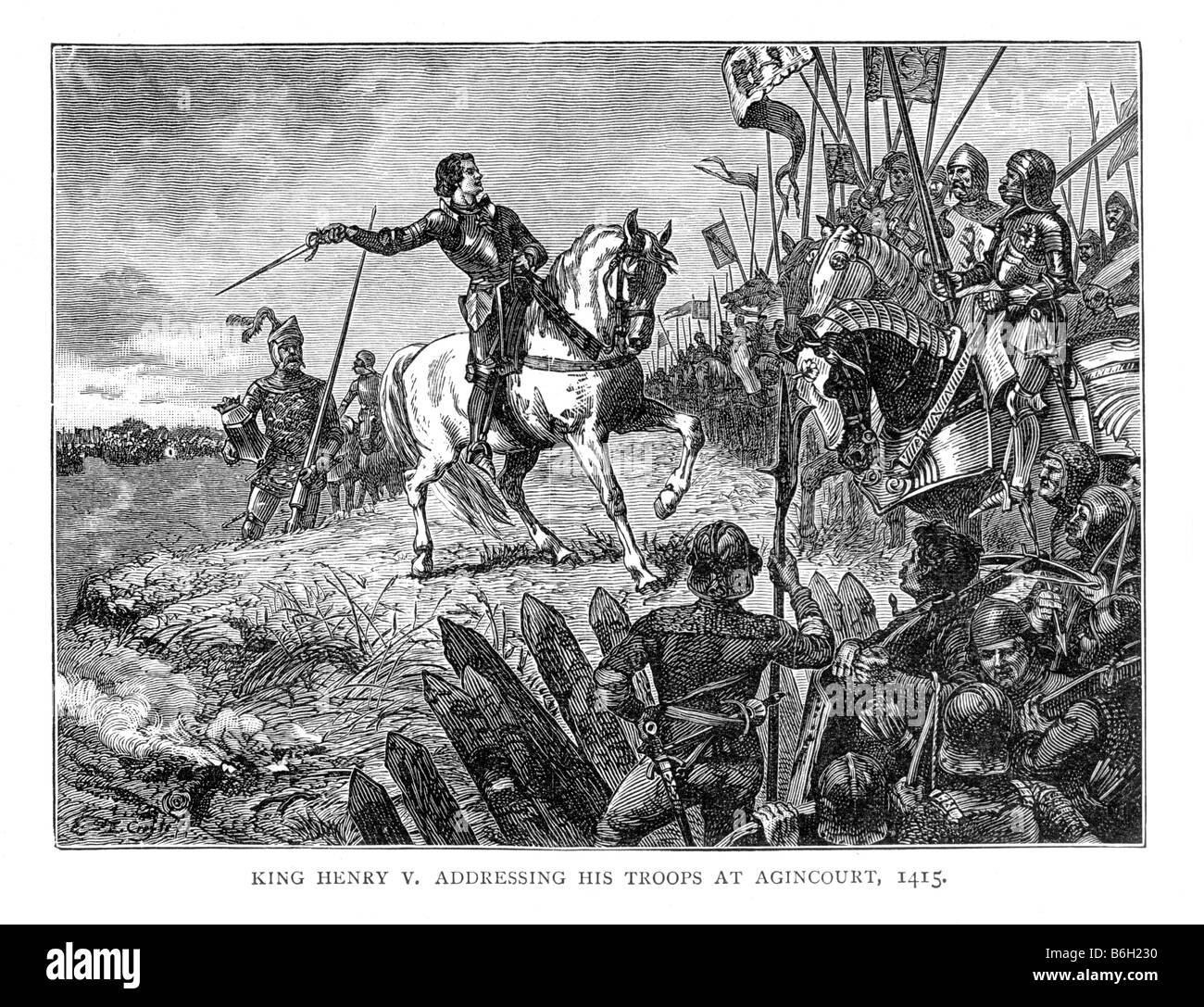 Il re Enrico V affrontando le sue truppe a Agincourt 1415 xix secolo illustrazione Foto Stock
