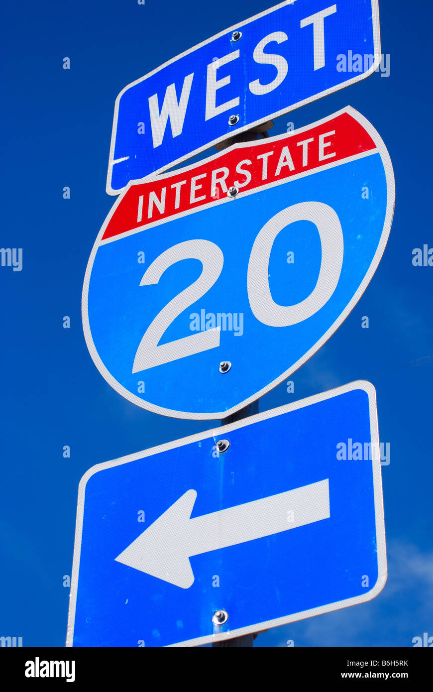 Cartello stradale per la Interstate 20 ad ovest del Texas Foto Stock