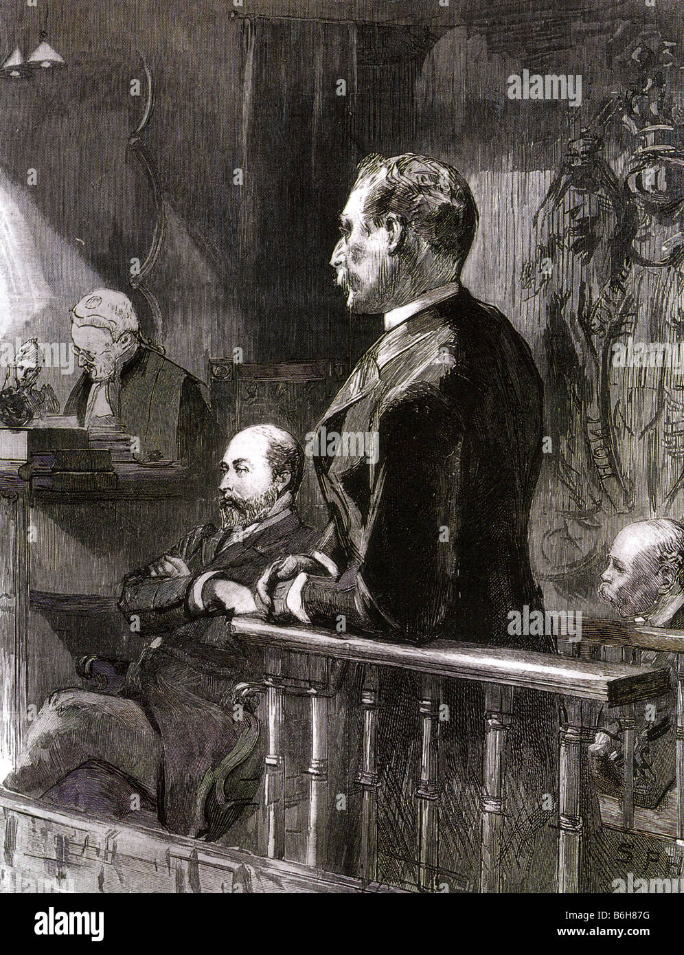 SIR GORDON CUMMINGS nella testimonianza box con il Principe di Galles seduto durante il suo processo per la Baccarrat scandalo su 1890 Foto Stock